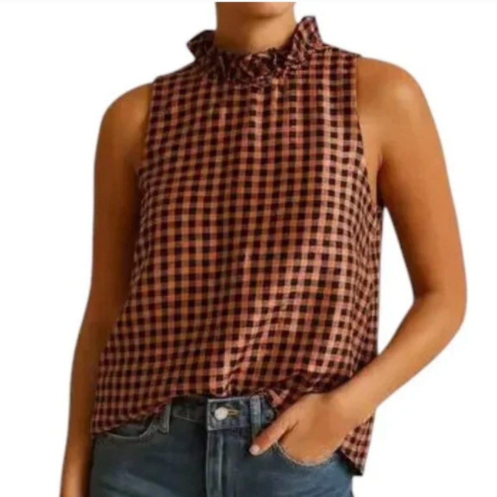 J. Crew NEW Gingham Ruffle Mock Neck Sleeveless Top XS Holiday Cocktail Party